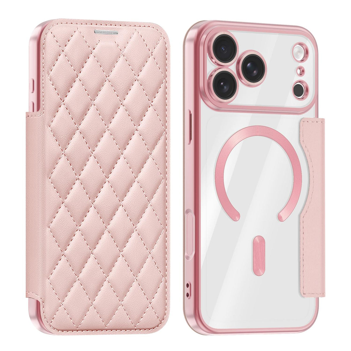 Compatible with iPhone 18 Pro Max Shield Magsafe RFID Anti-theft Rhombus Leather Phone Case - Pink