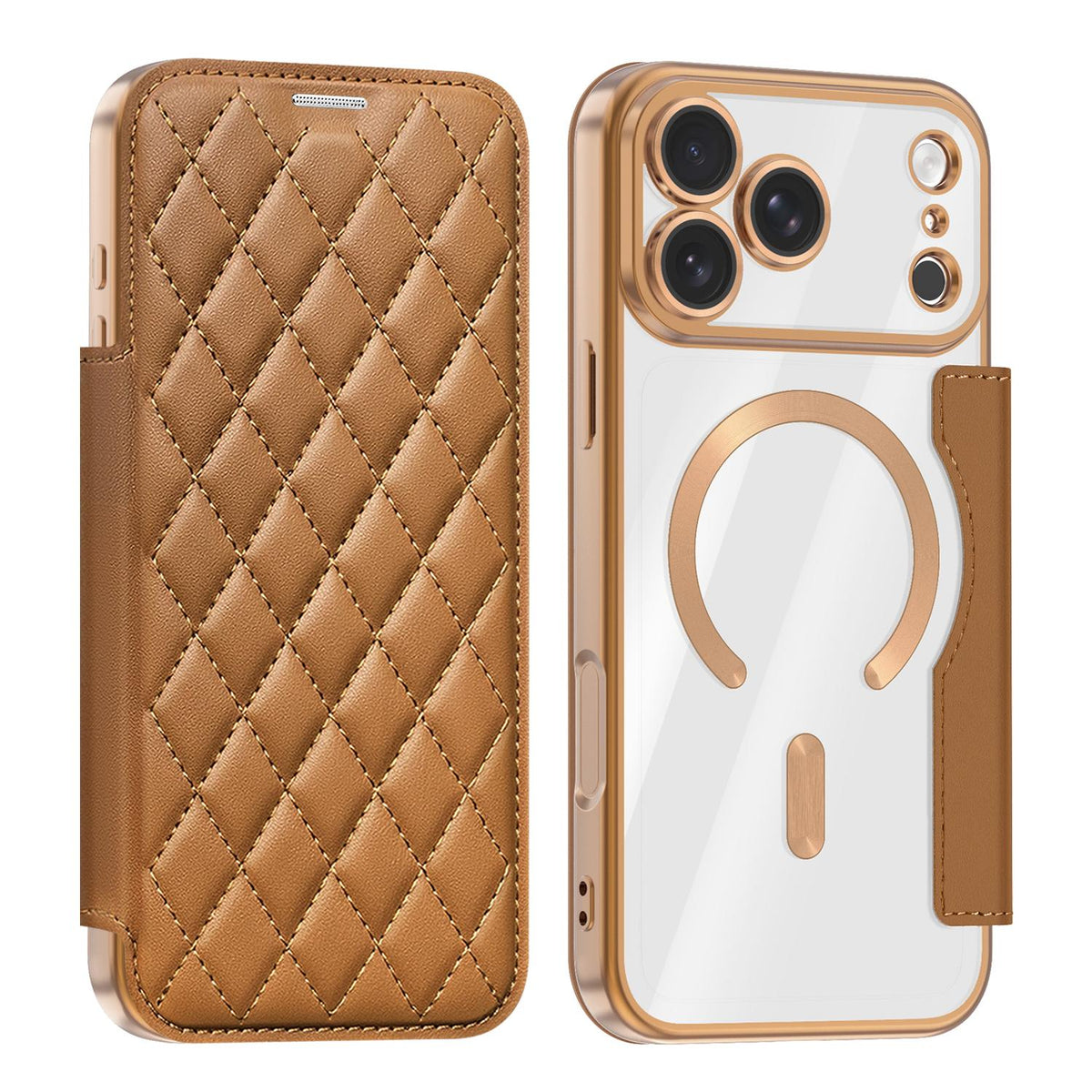 Compatible with iPhone 18 Pro Max Shield Magsafe RFID Anti-theft Rhombus Leather Phone Case - Brown