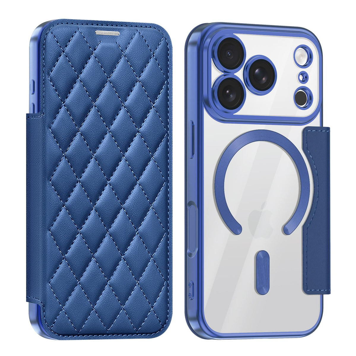 Compatible with iPhone 18 Pro Shield Magsafe RFID Anti-theft Rhombus Leather Phone Case - Dark Blue