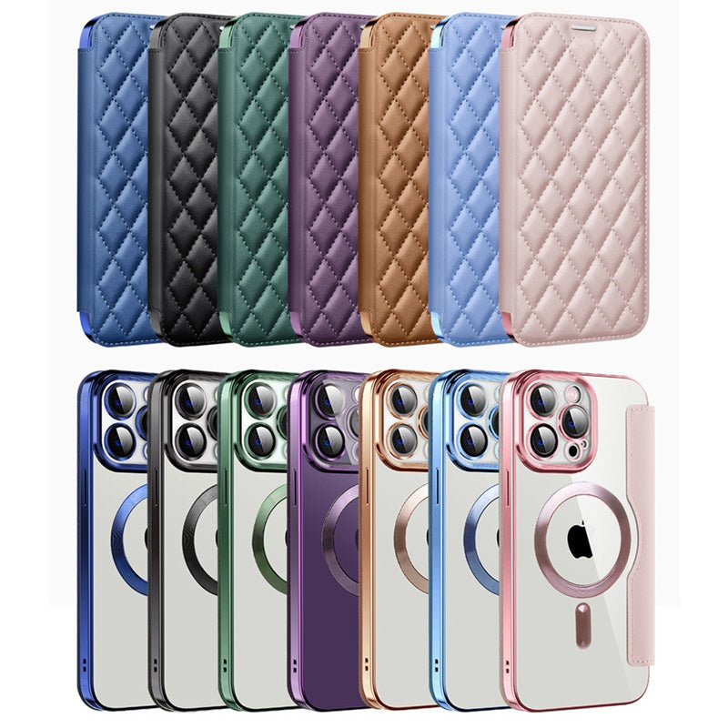 Compatible with iPhone 18 Pro Max Shield Magsafe RFID Anti-theft Rhombus Leather Phone Case - Purple