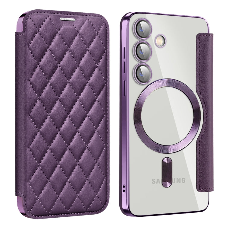 For Samsung Galaxy S24 5G Shield Magsafe RFID Anti-theft Rhombus Leather Phone Case(Purple)