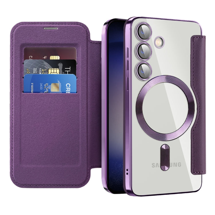 For Samsung Galaxy S24 5G Shield Magsafe RFID Anti-theft Rhombus Leather Phone Case(Purple)