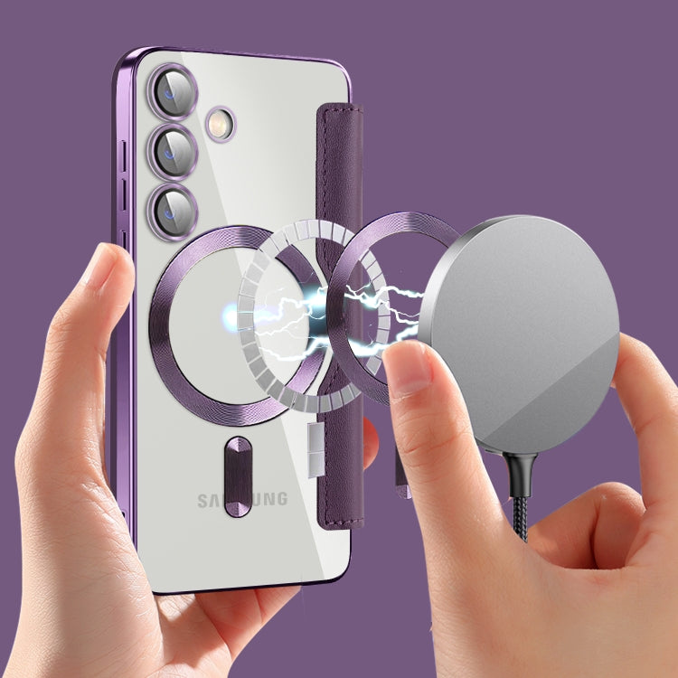 For Samsung Galaxy S24 5G Shield Magsafe RFID Anti-theft Rhombus Leather Phone Case(Purple)