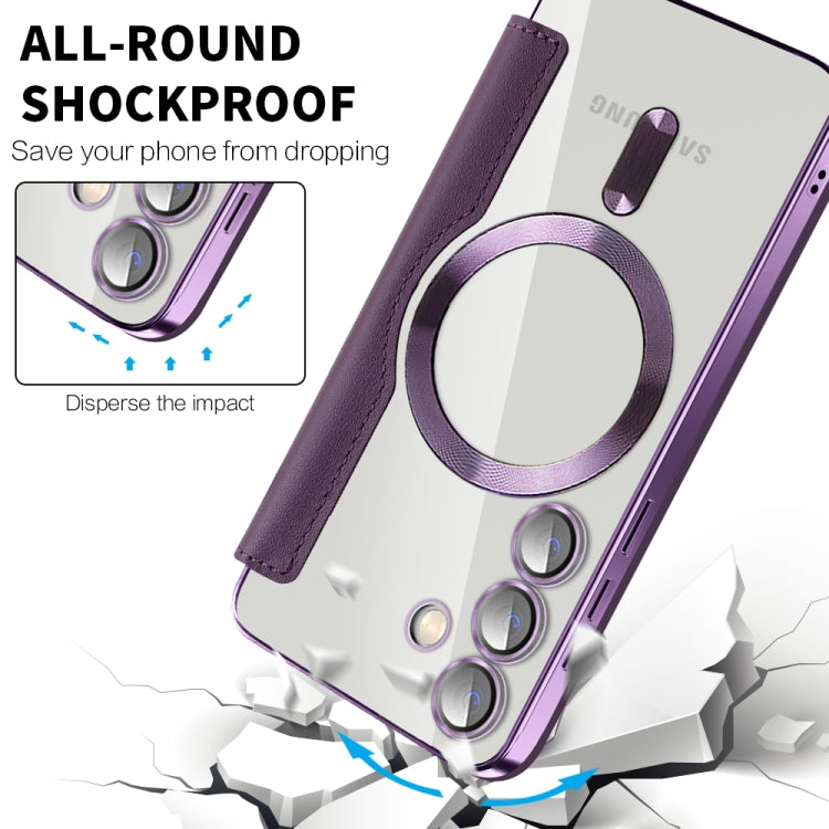 For Samsung Galaxy S24 5G Shield Magsafe RFID Anti-theft Rhombus Leather Phone Case(Purple)