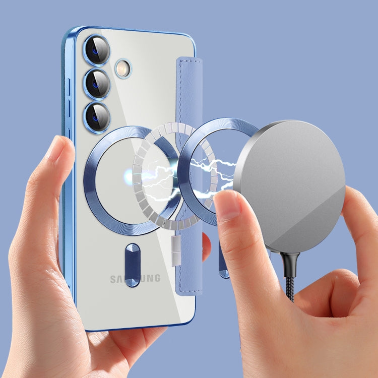 For Samsung Galaxy S24 5G Shield Magsafe RFID Anti-theft Rhombus Leather Phone Case(Blue)