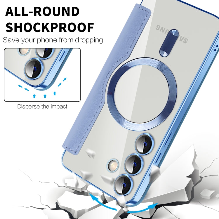 For Samsung Galaxy S24 5G Shield Magsafe RFID Anti-theft Rhombus Leather Phone Case(Blue)