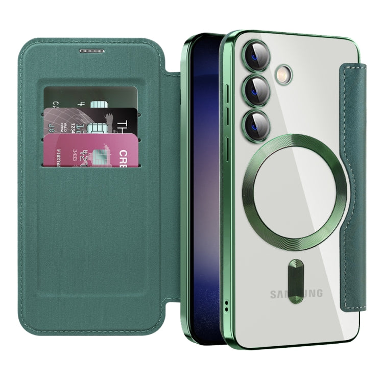 For Samsung Galaxy S24 5G Shield Magsafe RFID Anti-theft Rhombus Leather Phone Case(Green)
