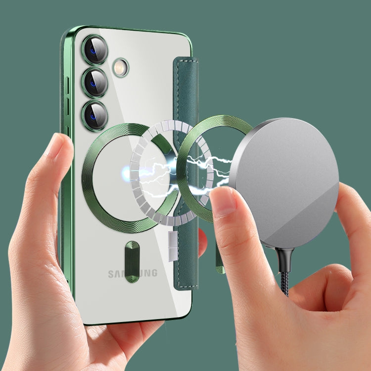 For Samsung Galaxy S24 5G Shield Magsafe RFID Anti-theft Rhombus Leather Phone Case(Green)