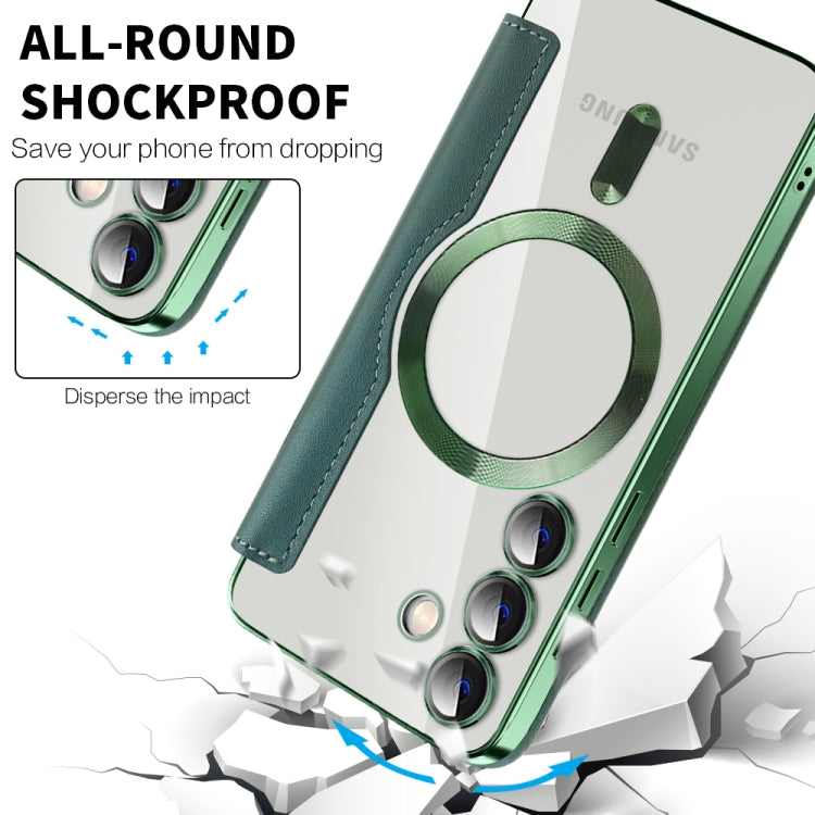 For Samsung Galaxy S24 5G Shield Magsafe RFID Anti-theft Rhombus Leather Phone Case(Green)