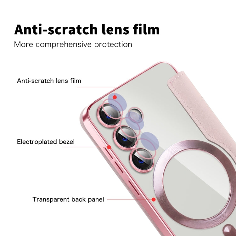 For Samsung Galaxy S24 5G Shield Magsafe RFID Anti-theft Rhombus Leather Phone Case(Pink)