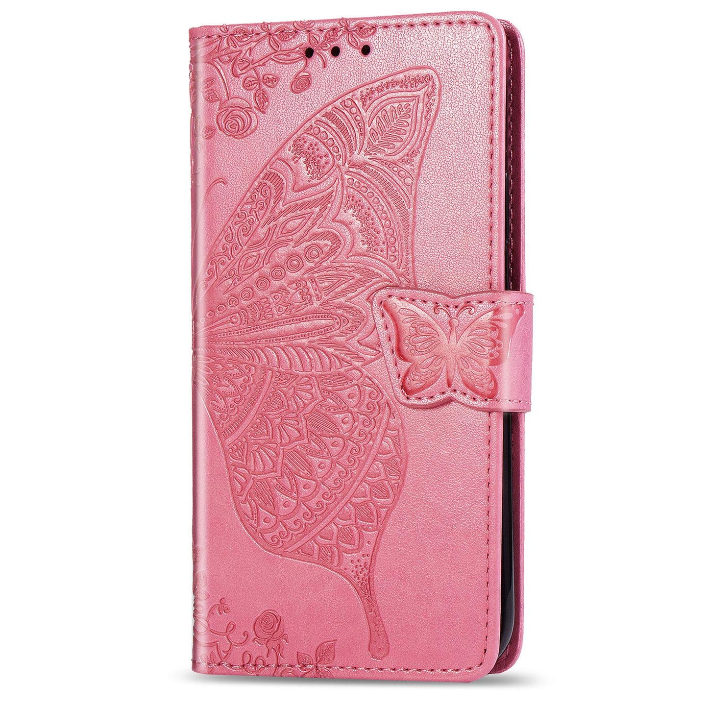For iPhone 16e Butterfly Love Flower Embossed Leather Phone Case(Pink)