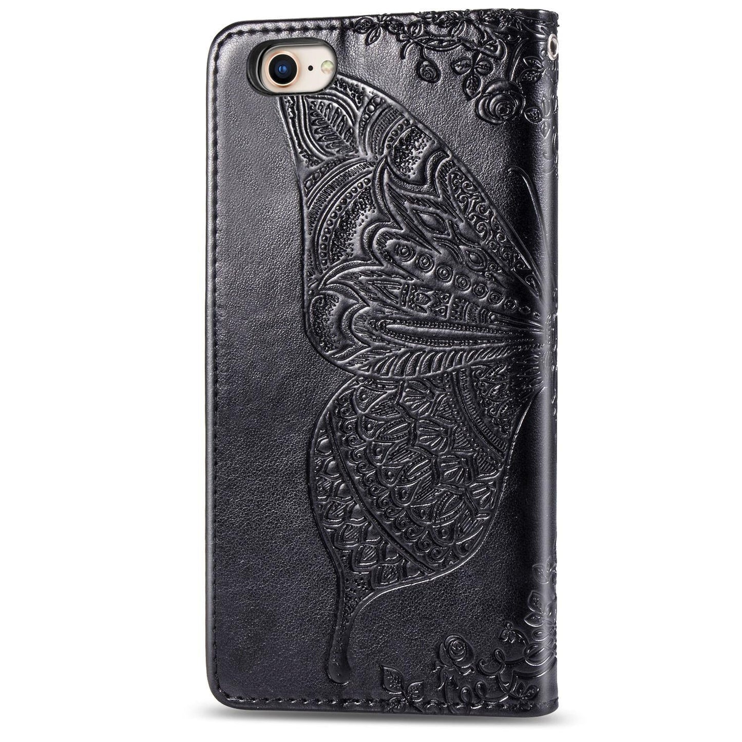 For iPhone 16e Butterfly Love Flower Embossed Leather Phone Case(Black)