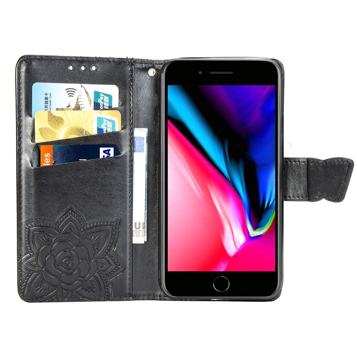 For iPhone 16e Butterfly Love Flower Embossed Leather Phone Case(Black)