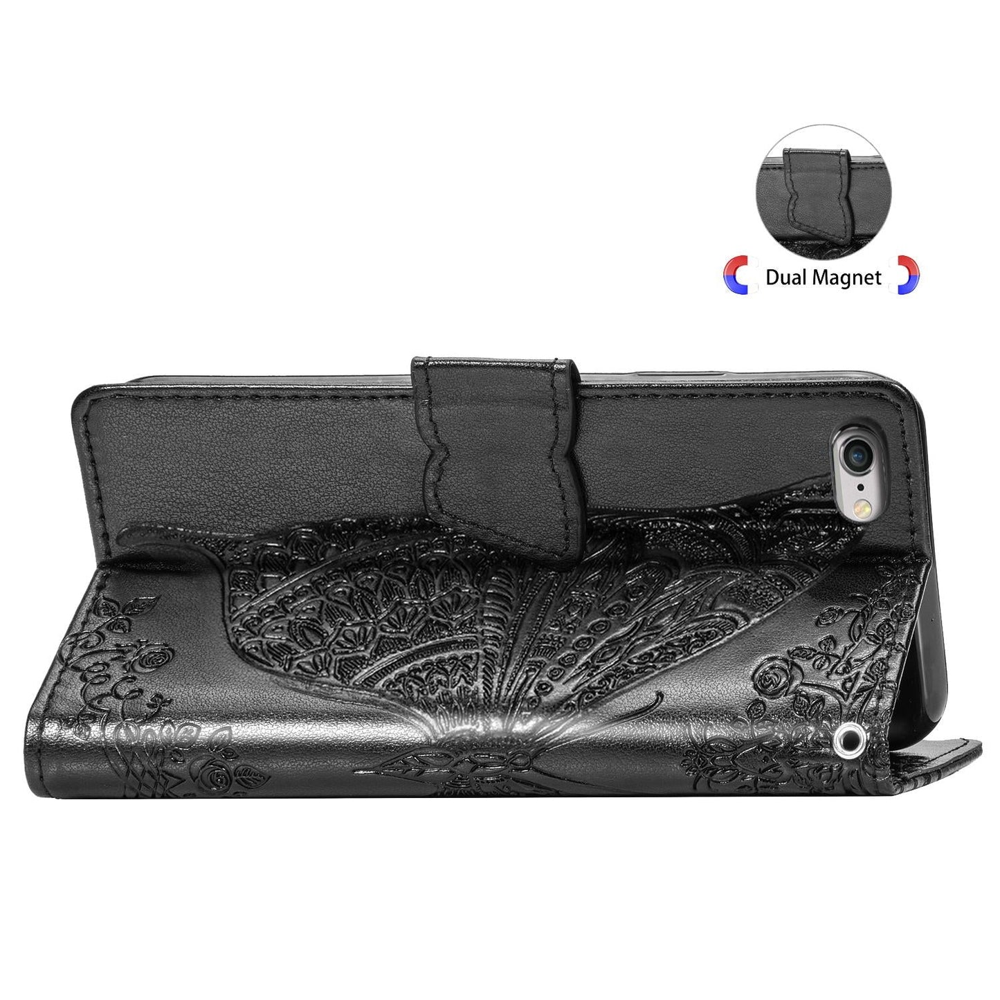 For iPhone 16e Butterfly Love Flower Embossed Leather Phone Case(Black)