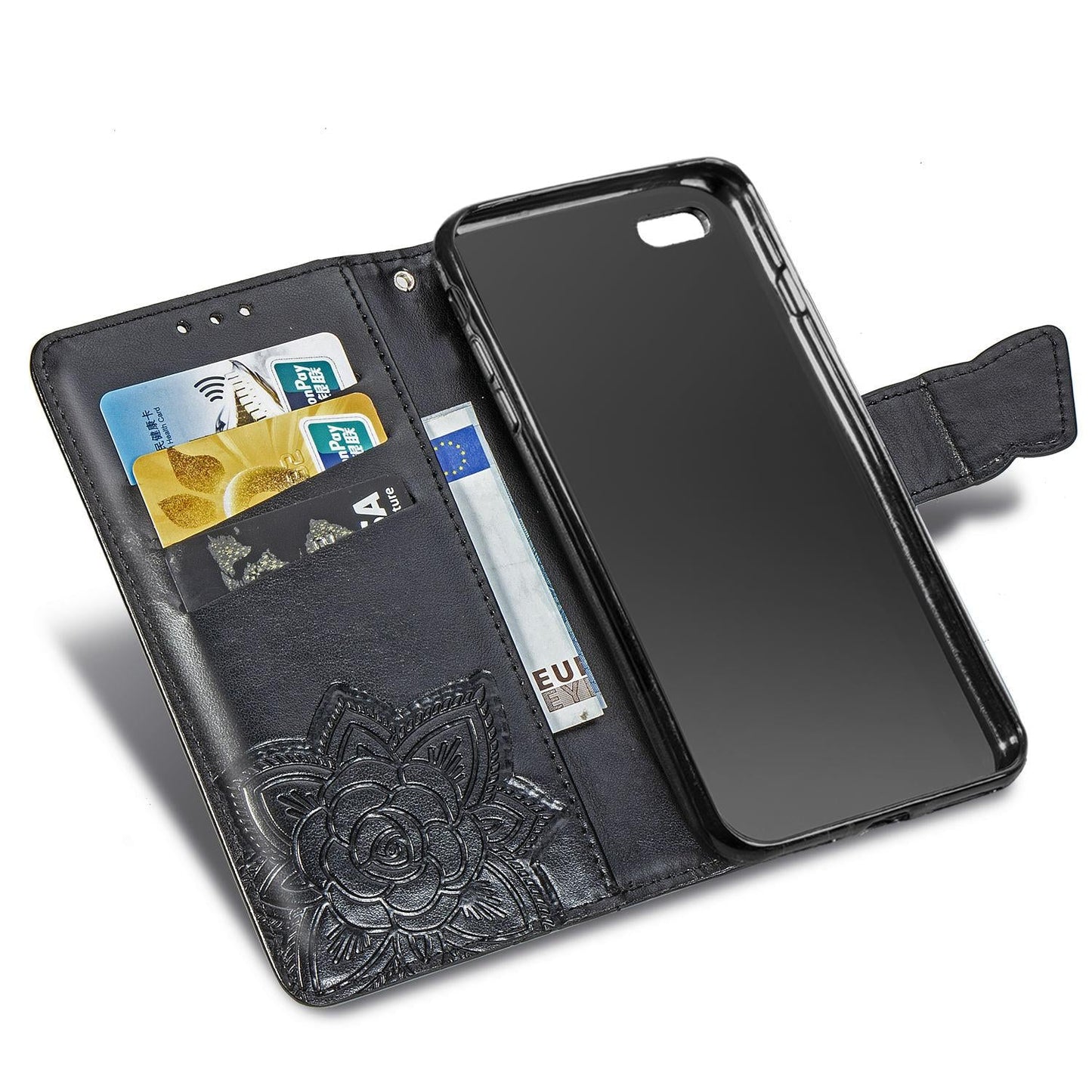 For iPhone 16e Butterfly Love Flower Embossed Leather Phone Case(Black)