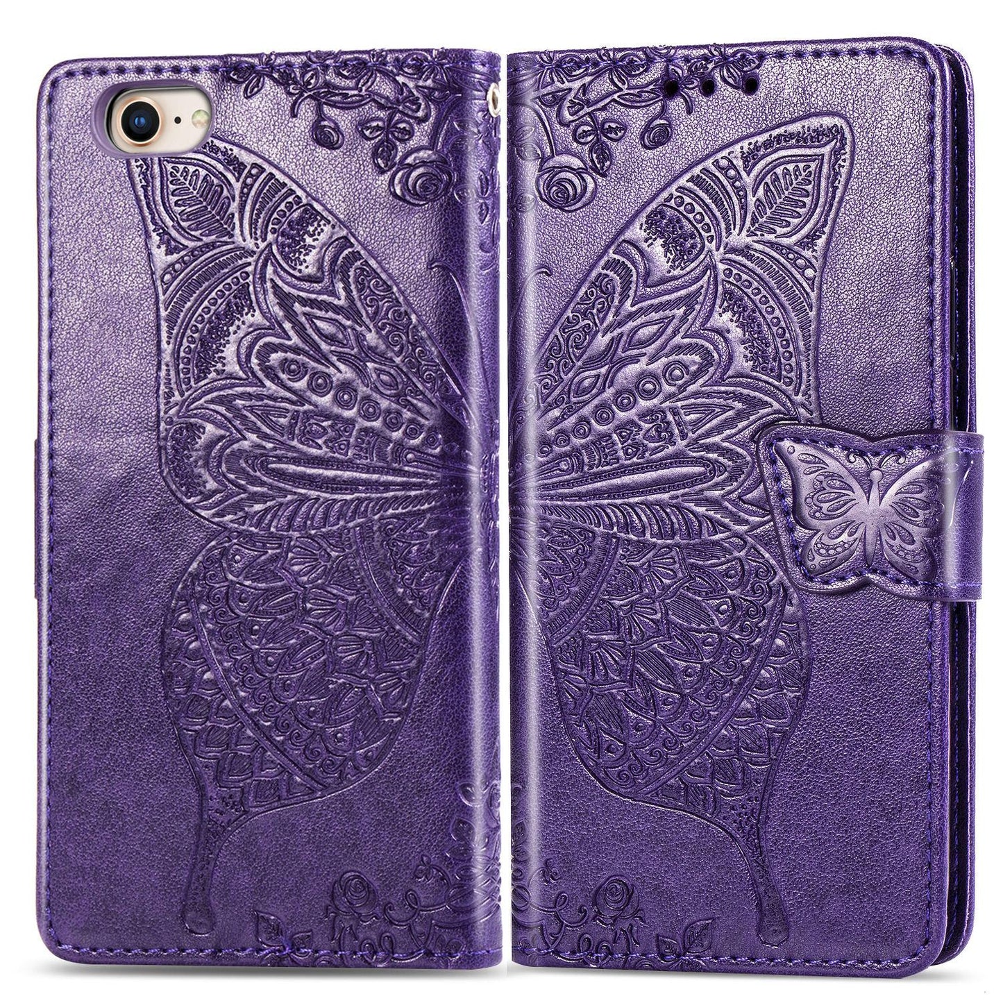 For iPhone 16e Butterfly Love Flower Embossed Leather Phone Case(Purple)