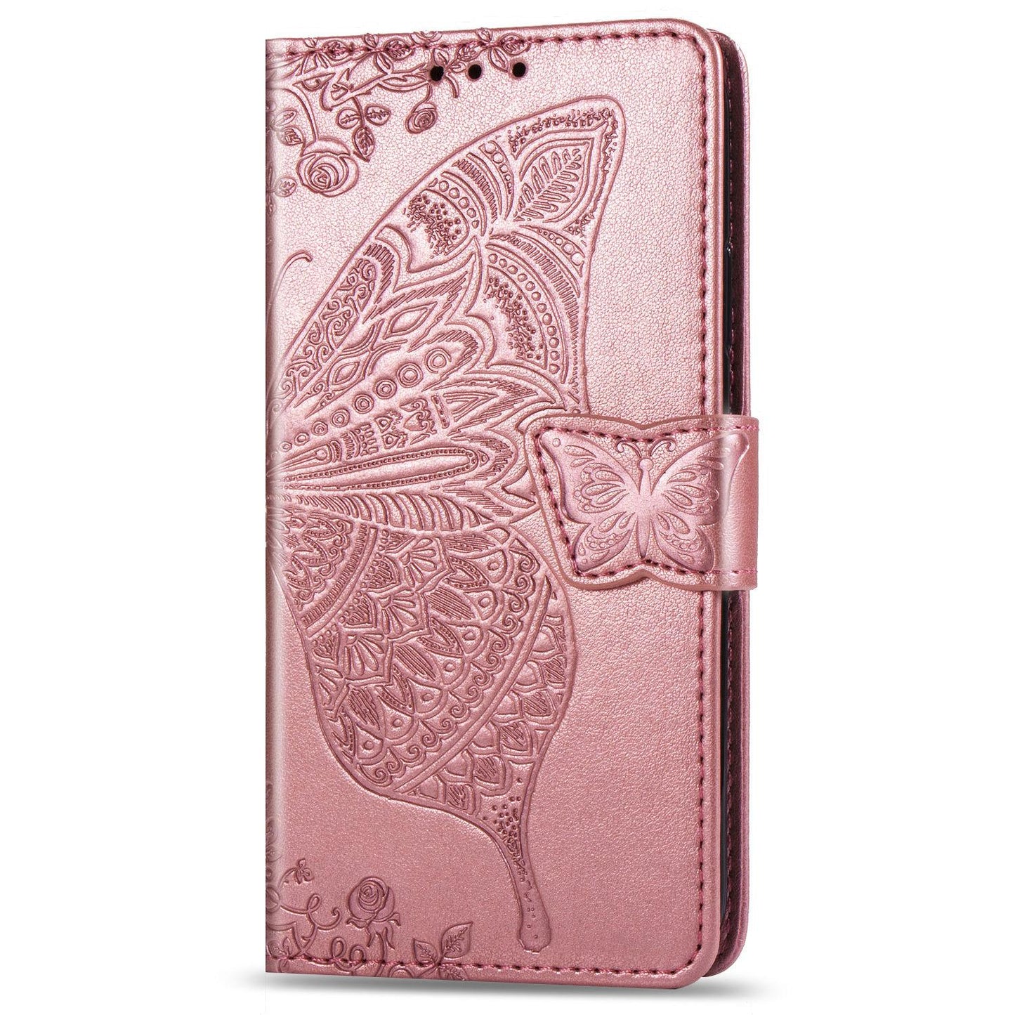 For iPhone 16e Butterfly Love Flower Embossed Leather Phone Case(Rose Gold)