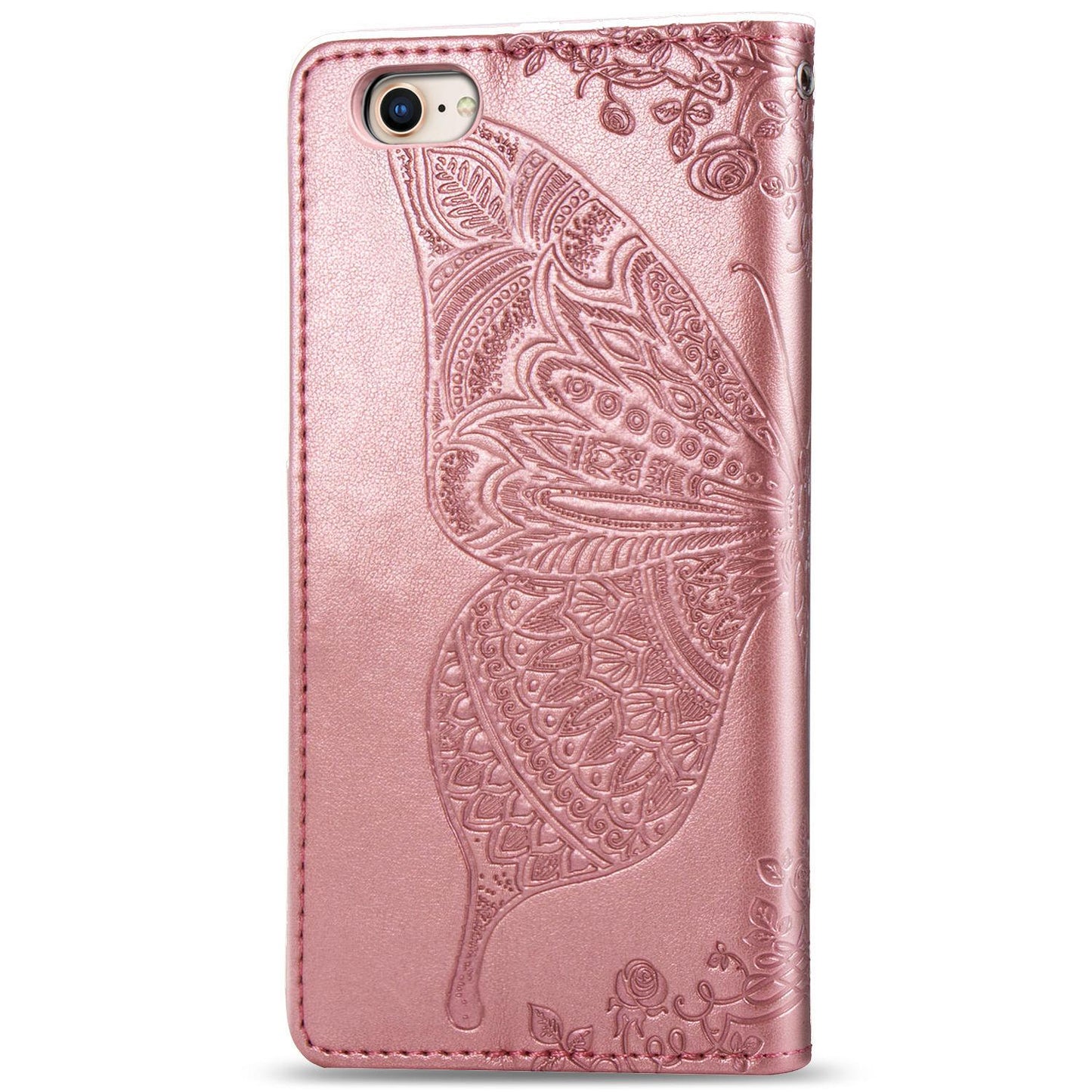 For iPhone 16e Butterfly Love Flower Embossed Leather Phone Case(Rose Gold)