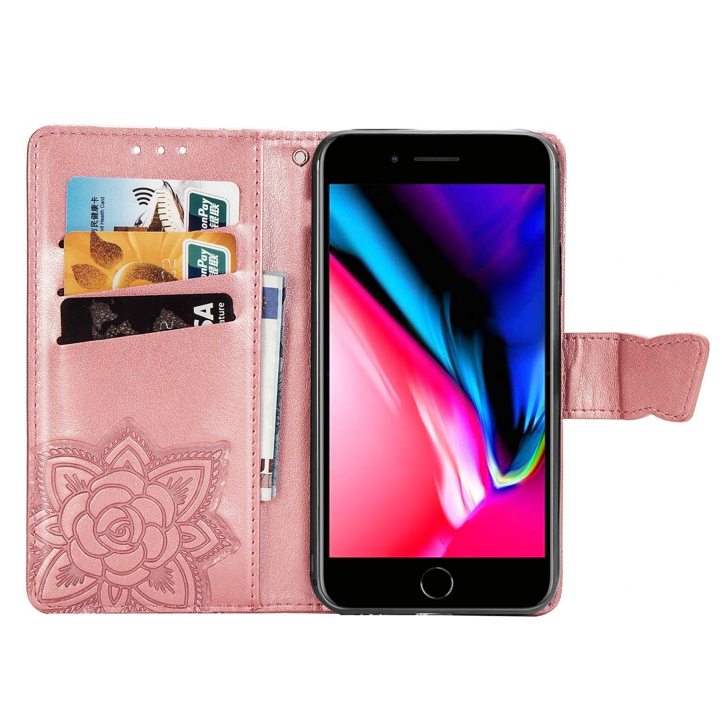 For iPhone 16e Butterfly Love Flower Embossed Leather Phone Case(Rose Gold)