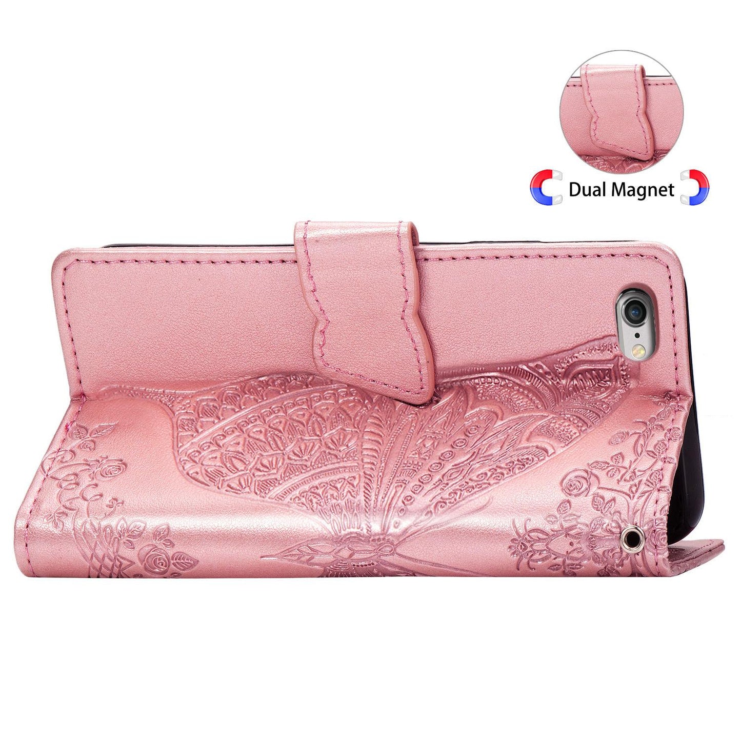 For iPhone 16e Butterfly Love Flower Embossed Leather Phone Case(Rose Gold)
