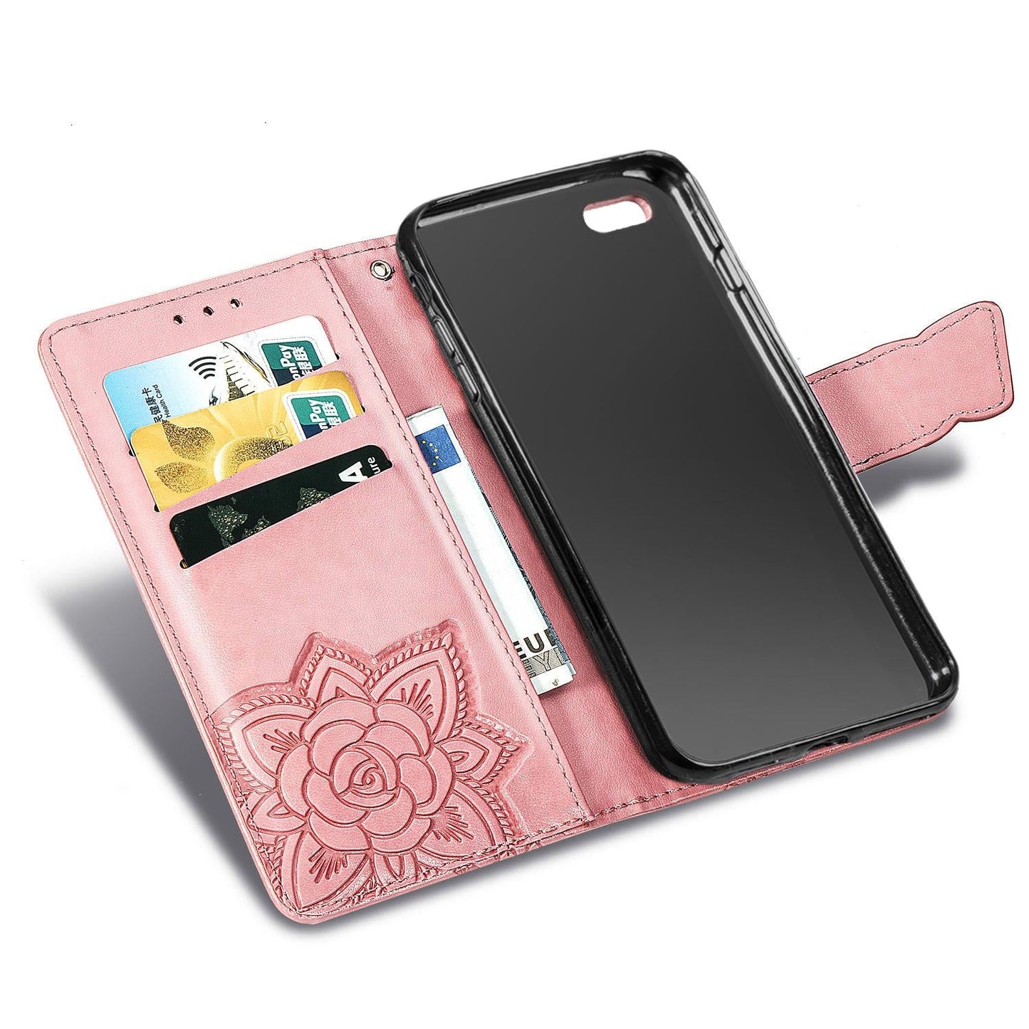 For iPhone 16e Butterfly Love Flower Embossed Leather Phone Case(Rose Gold)