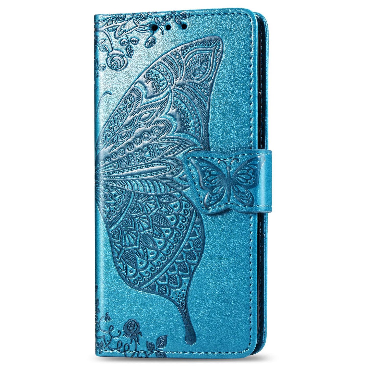 For iPhone 16e Butterfly Love Flower Embossed Leather Phone Case(Blue)
