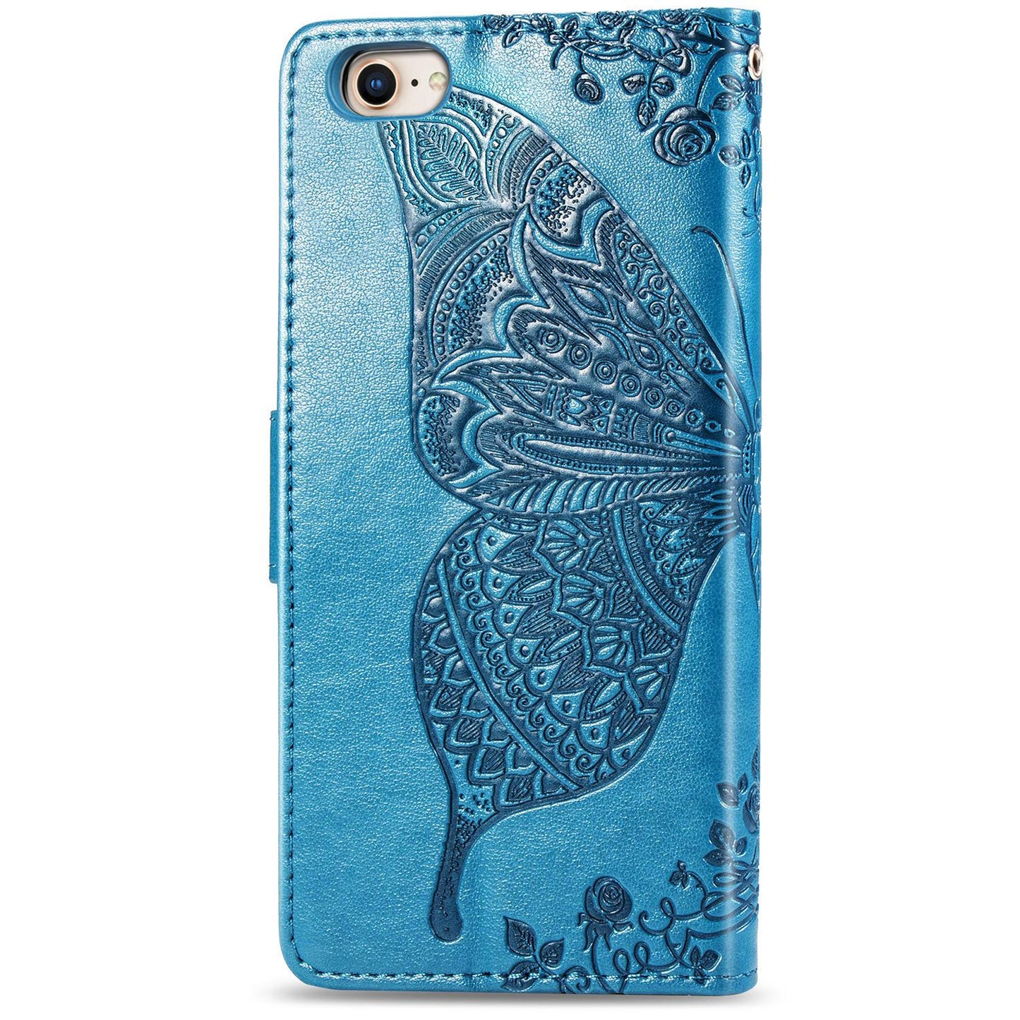 For iPhone 16e Butterfly Love Flower Embossed Leather Phone Case(Blue)