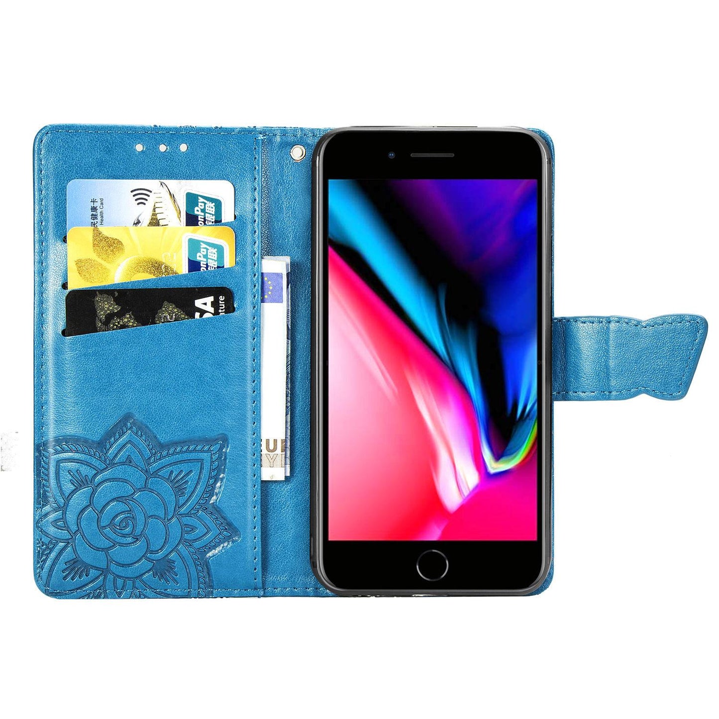 For iPhone 16e Butterfly Love Flower Embossed Leather Phone Case(Blue)