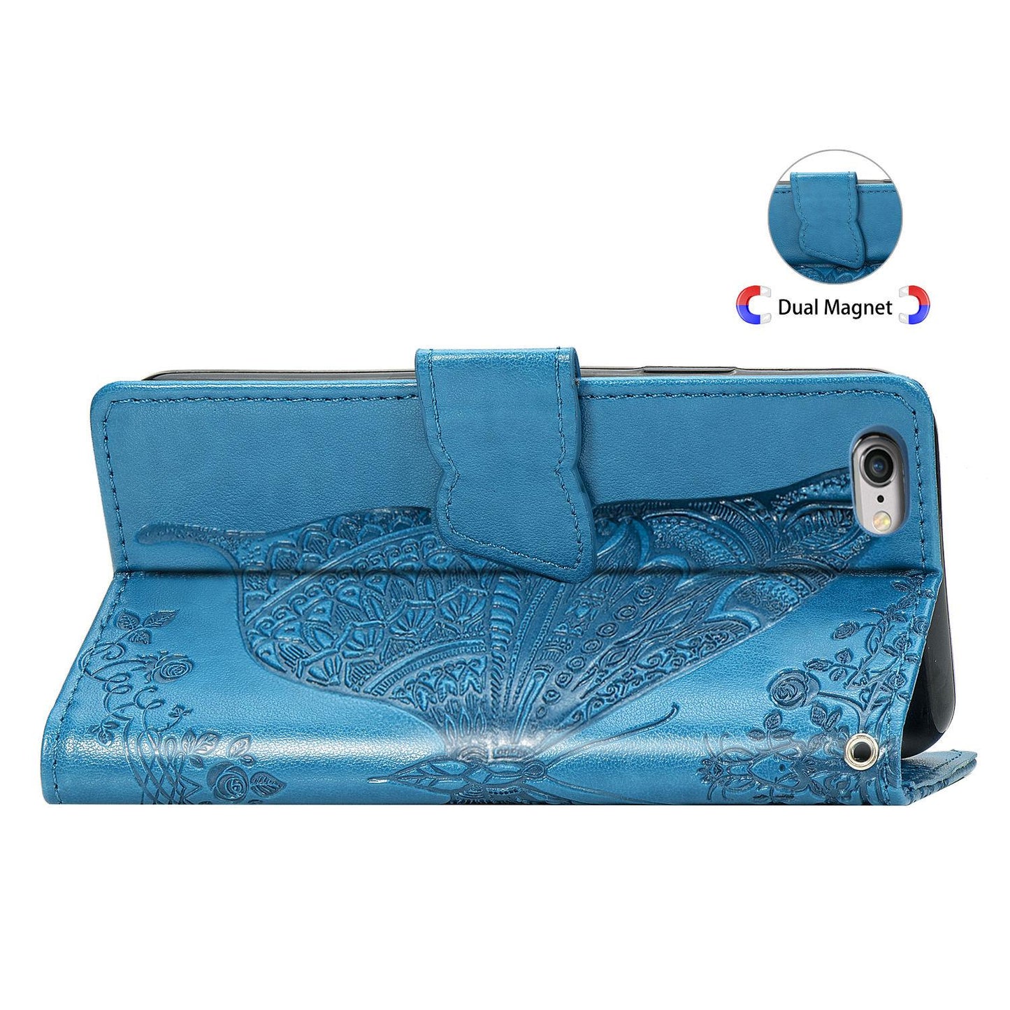 For iPhone 16e Butterfly Love Flower Embossed Leather Phone Case(Blue)