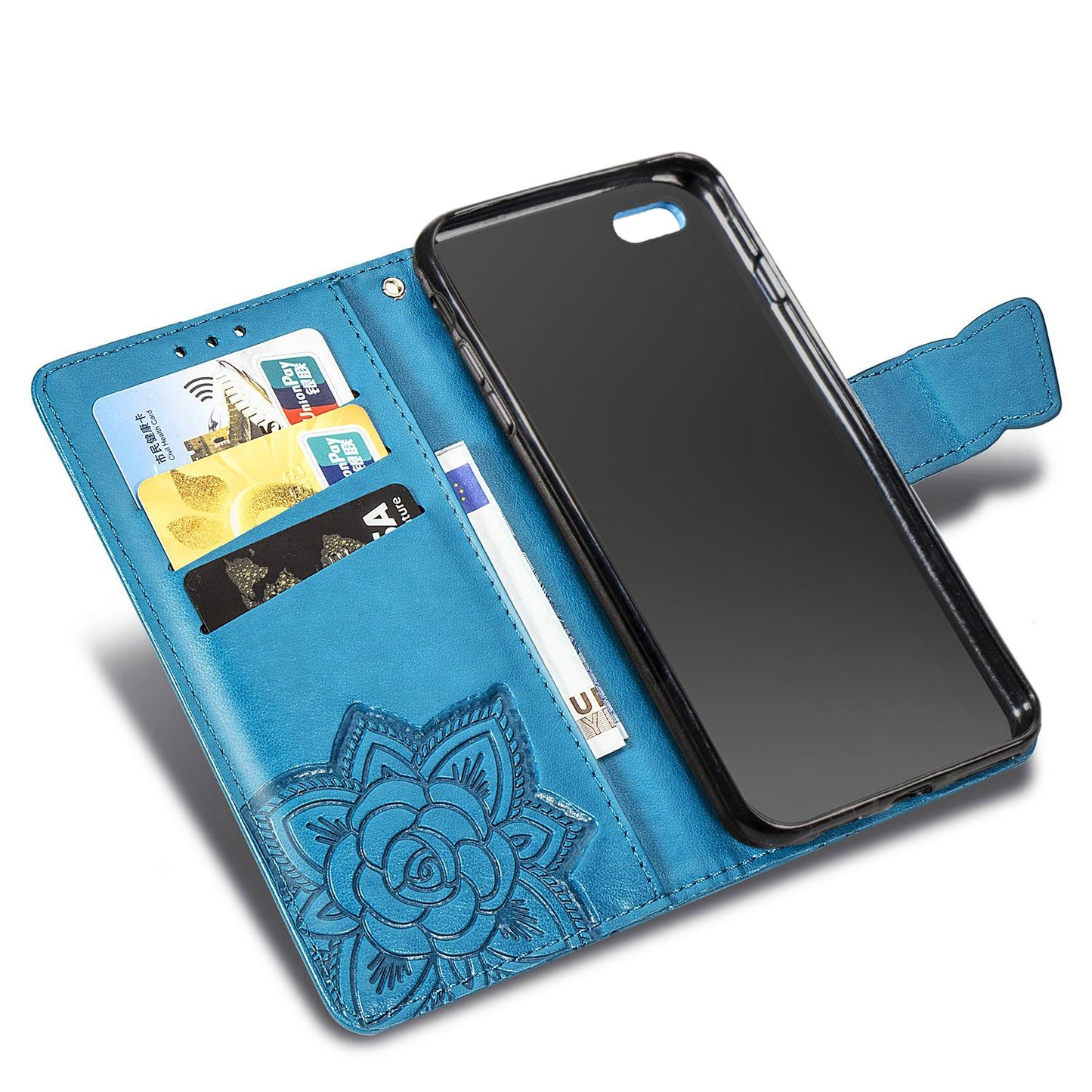 For iPhone 16e Butterfly Love Flower Embossed Leather Phone Case(Blue)