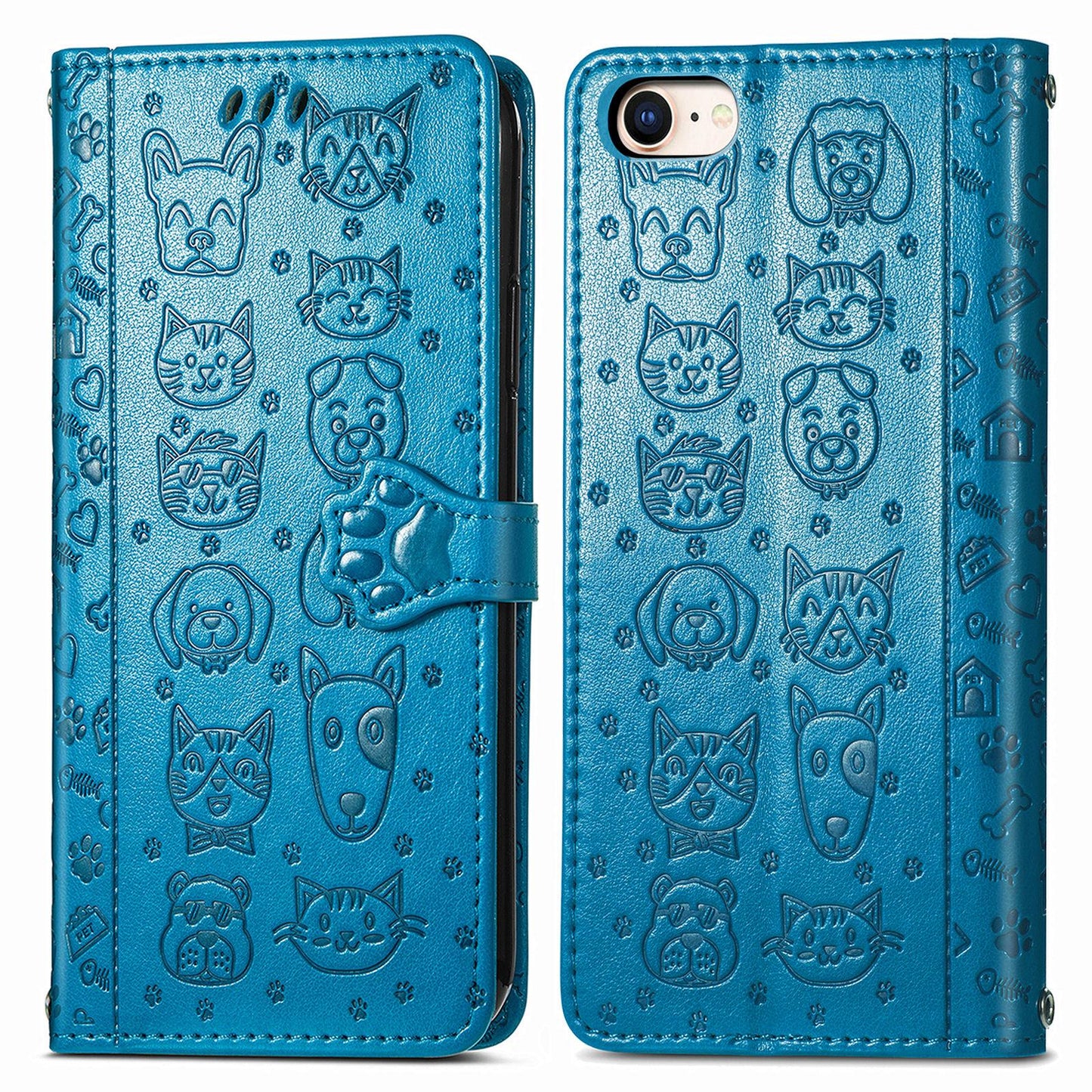 For iPhone 16e Cat and Dog Embossed Leather Phone Case(Blue)