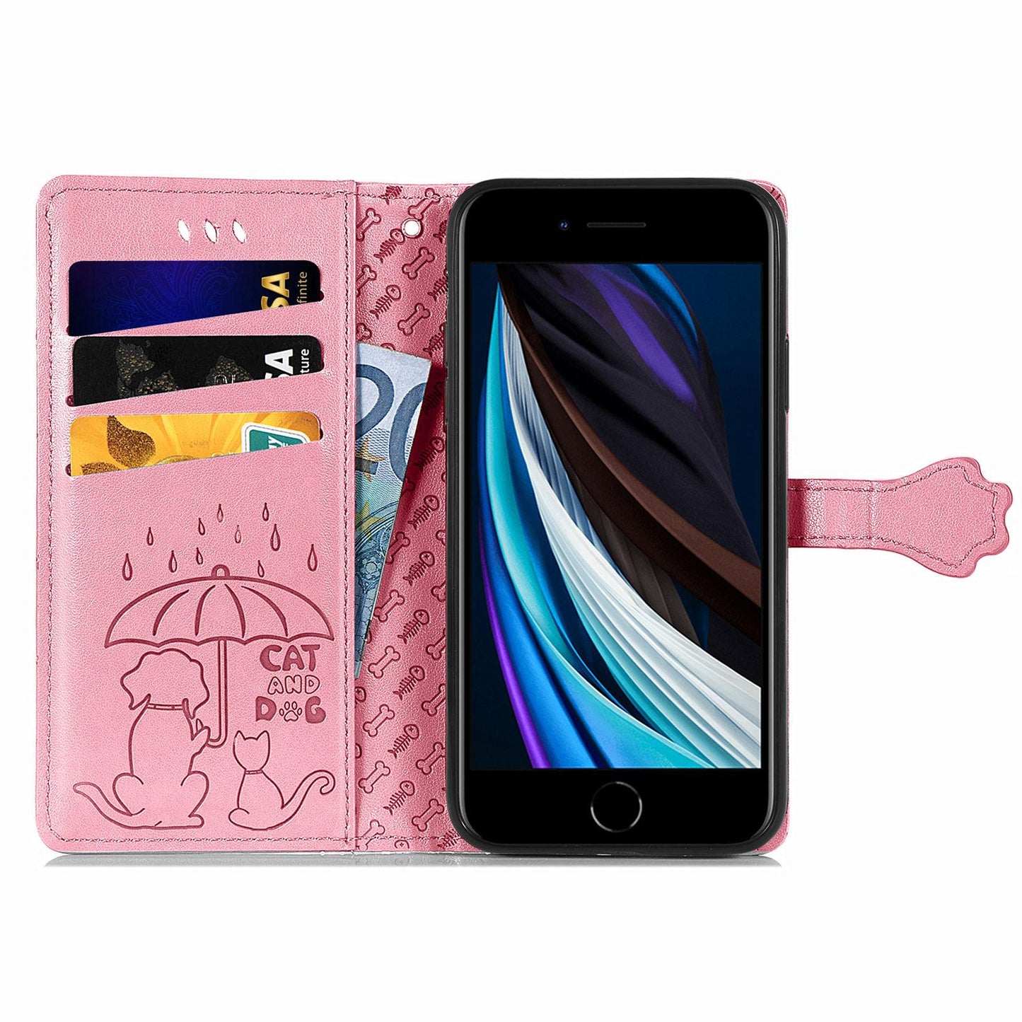 For iPhone 16e Cat and Dog Embossed Leather Phone Case(Pink)