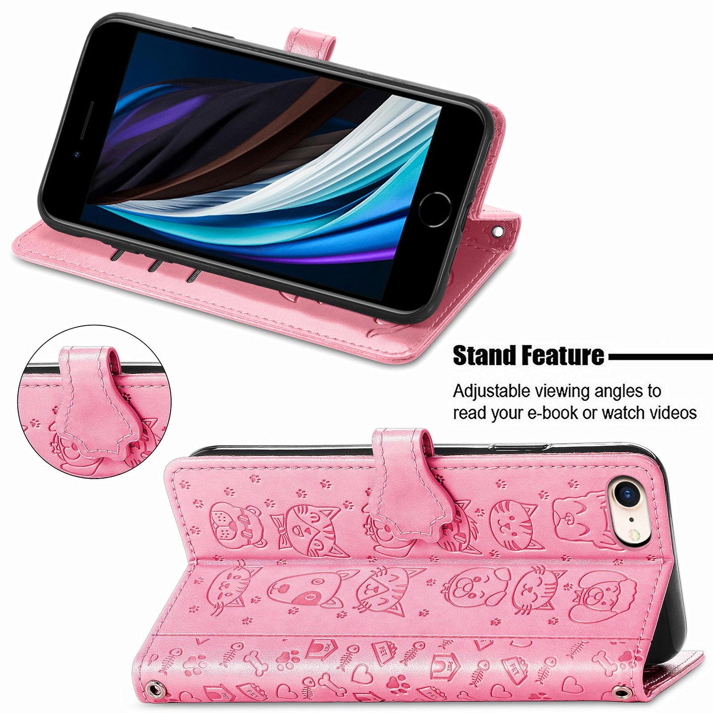 For iPhone 16e Cat and Dog Embossed Leather Phone Case(Pink)