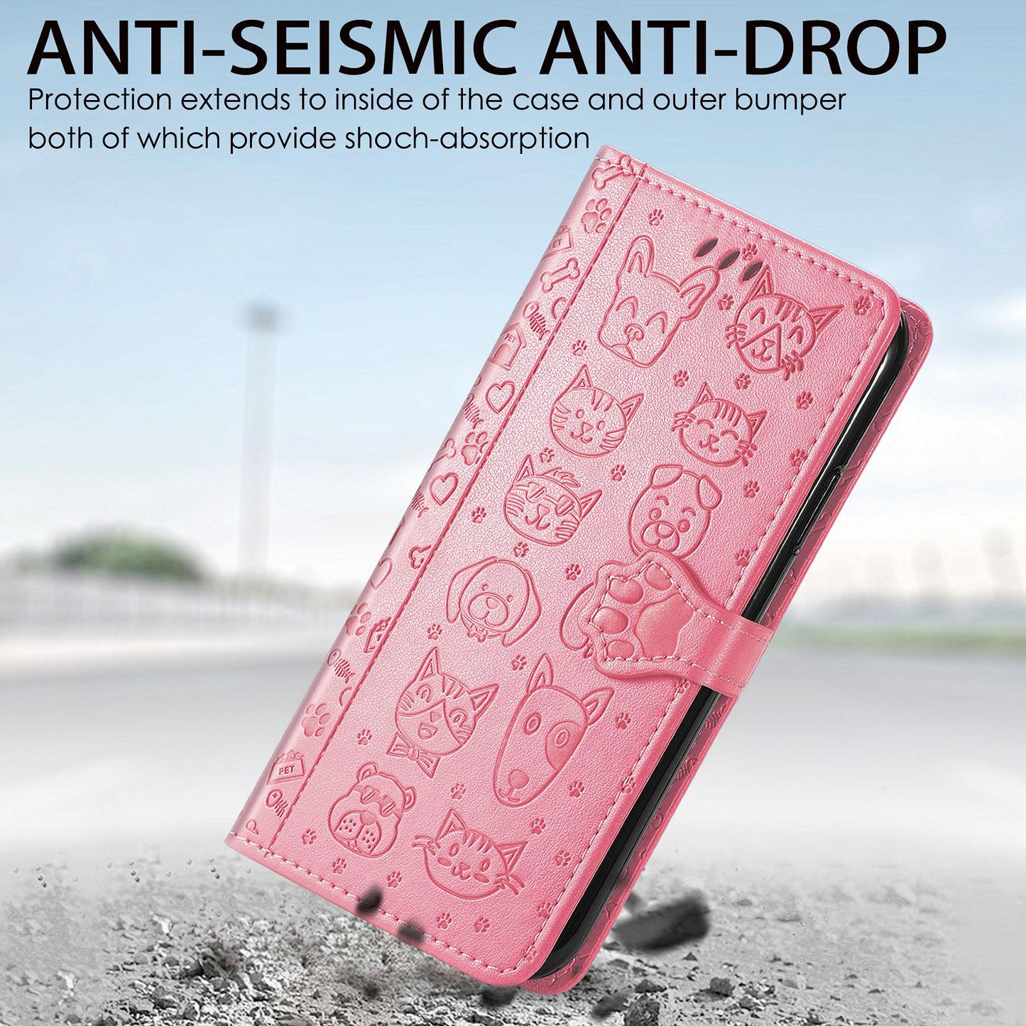For iPhone 16e Cat and Dog Embossed Leather Phone Case(Pink)