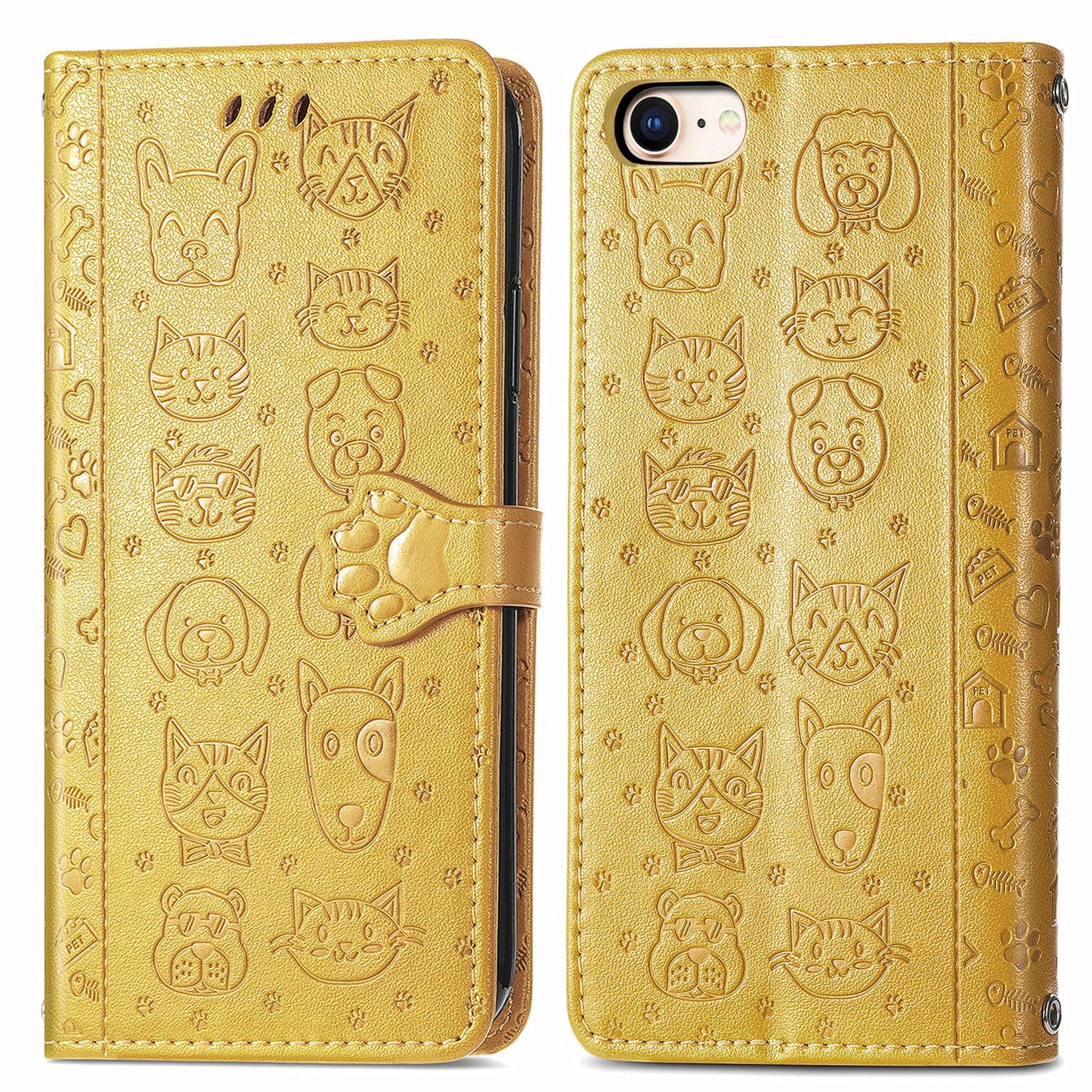 For iPhone 16e Cat and Dog Embossed Leather Phone Case(Yellow)