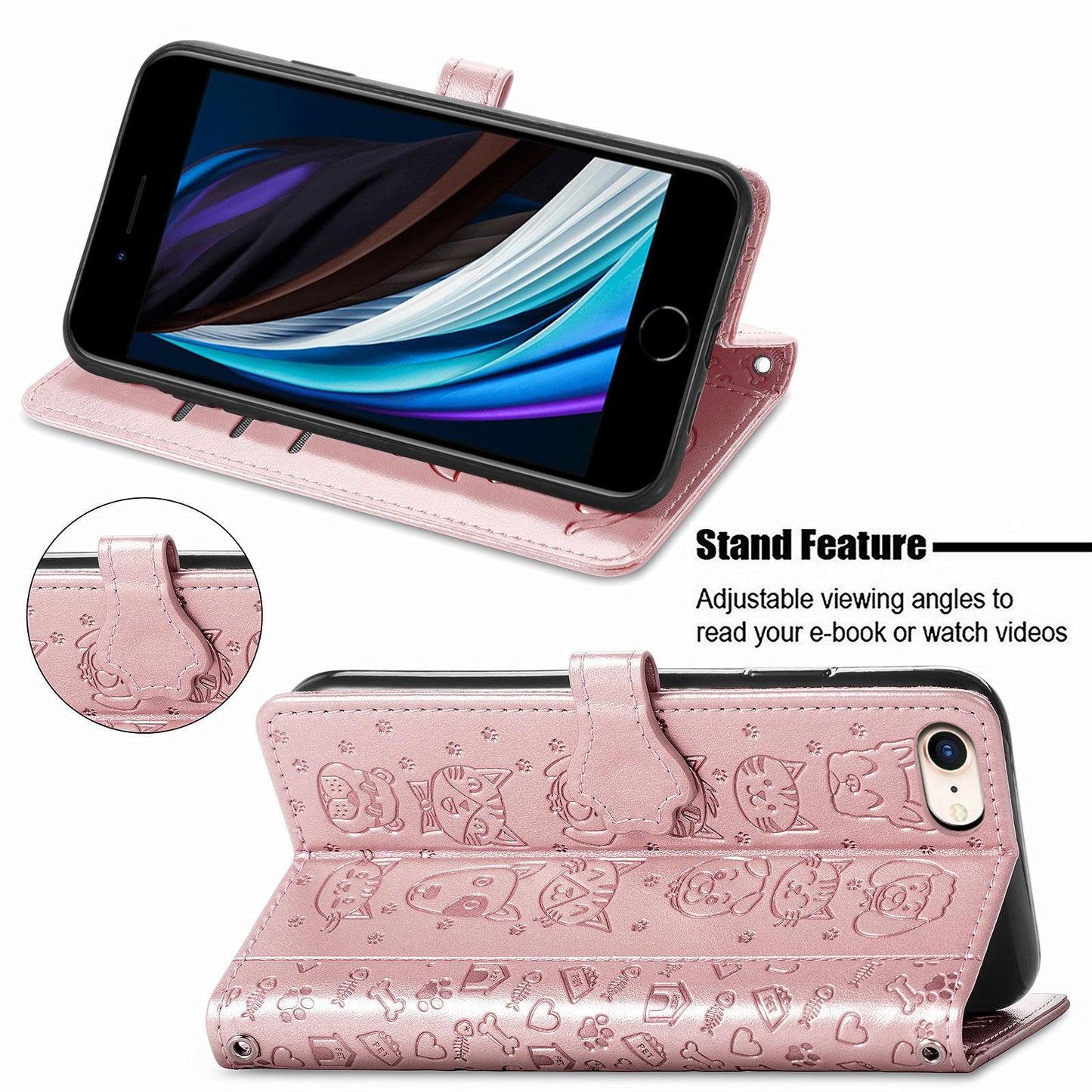 For iPhone 16e Cat and Dog Embossed Leather Phone Case(Rose Gold)