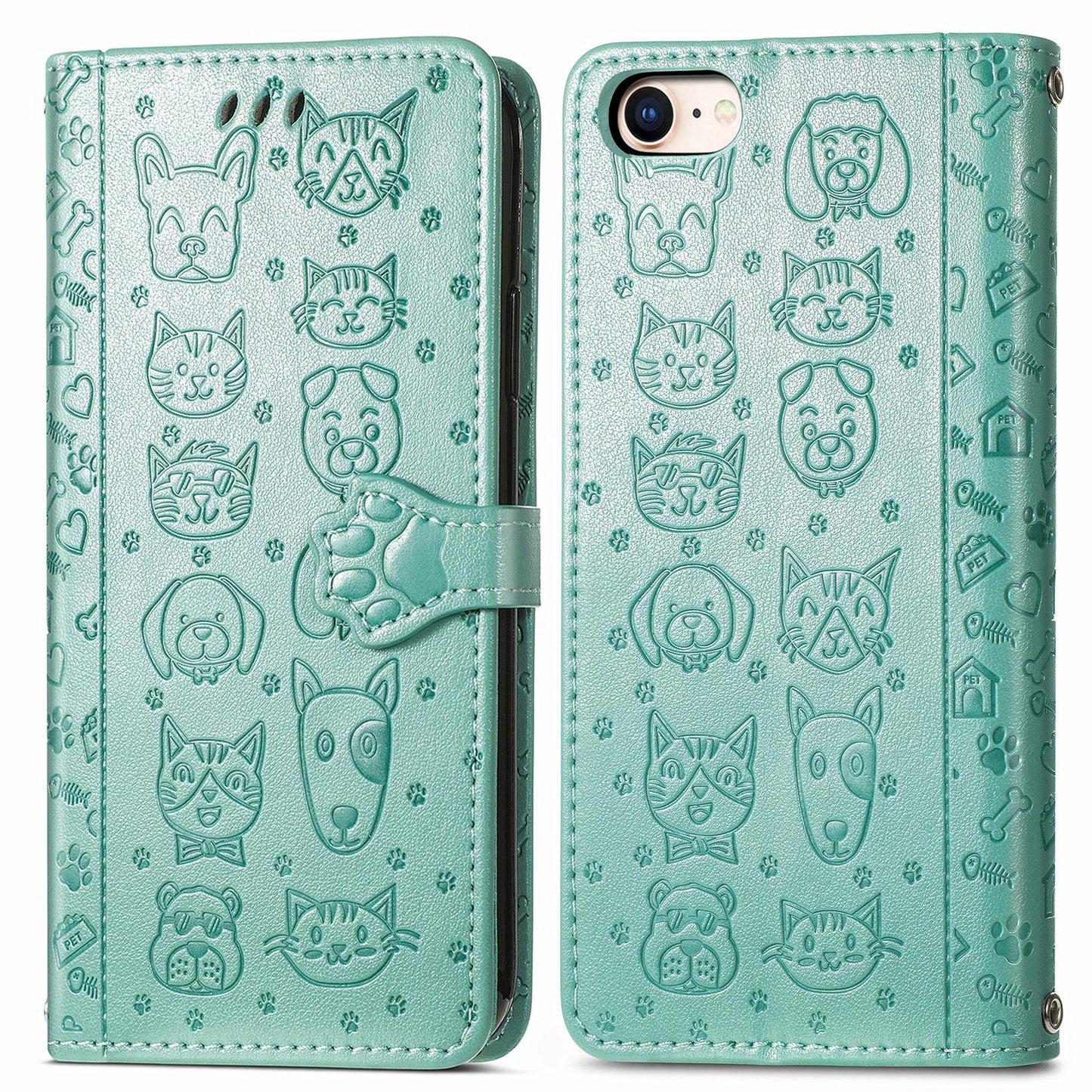 For iPhone 16e Cat and Dog Embossed Leather Phone Case(Green)