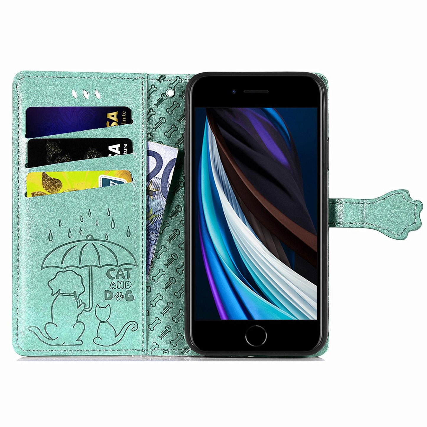 For iPhone 16e Cat and Dog Embossed Leather Phone Case(Green)