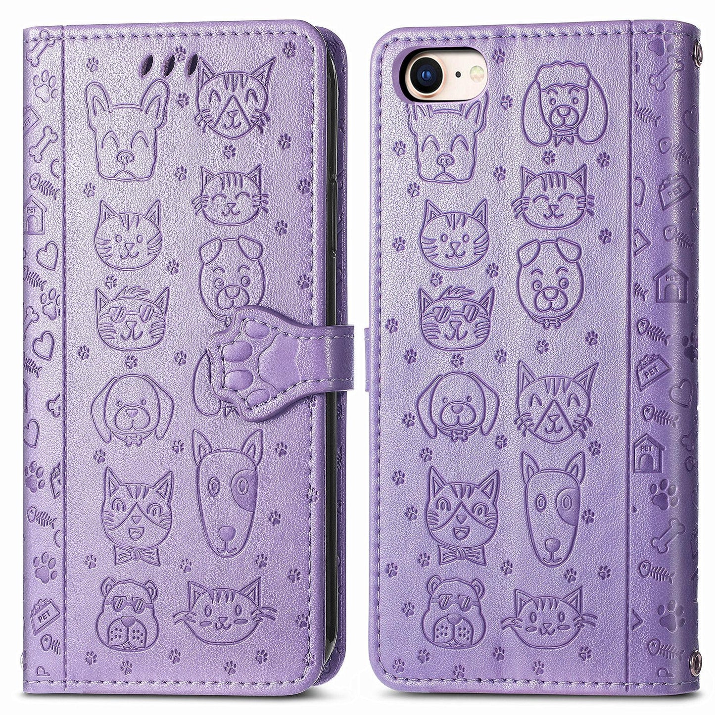 For iPhone 16e Cat and Dog Embossed Leather Phone Case(Purple)