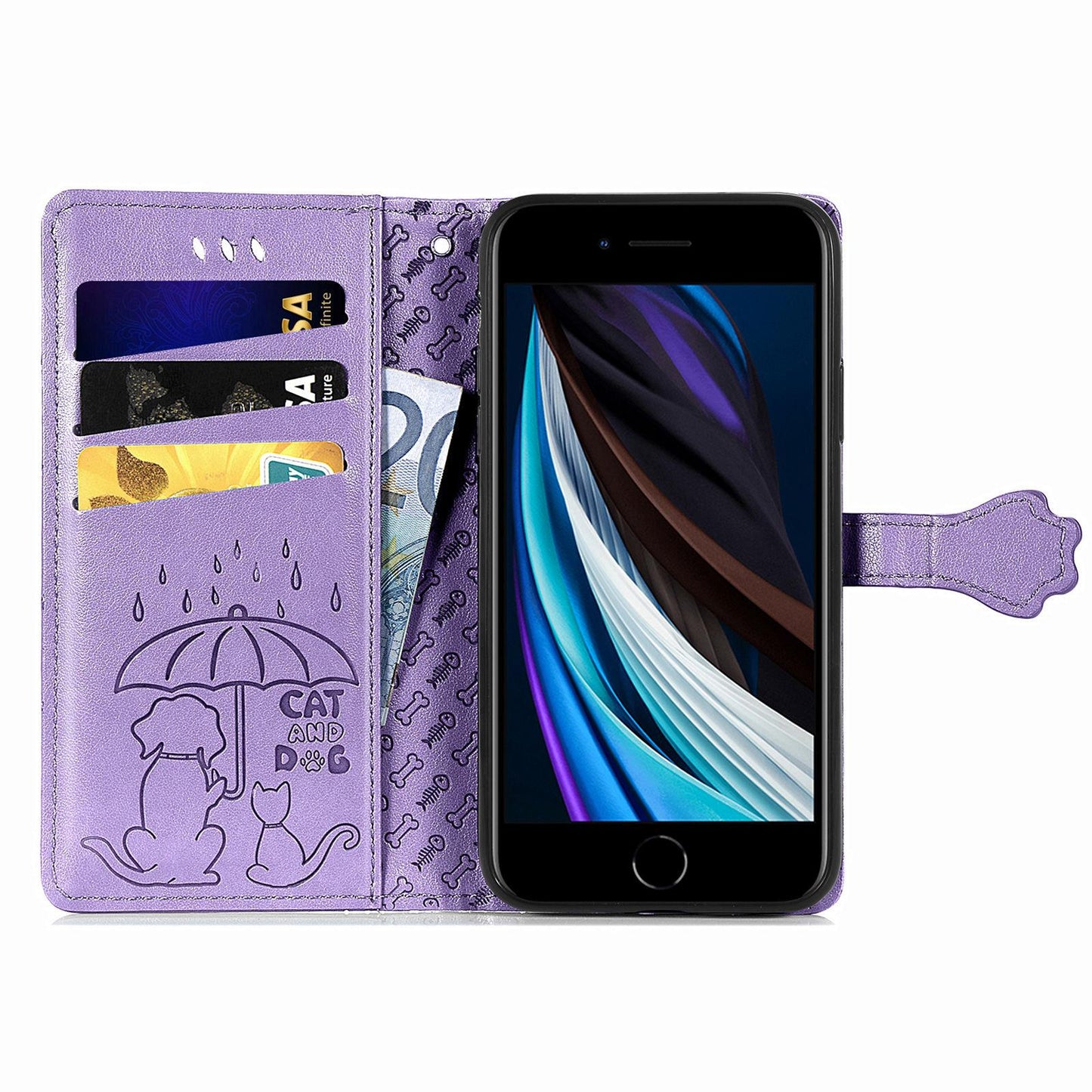 For iPhone 16e Cat and Dog Embossed Leather Phone Case(Purple)