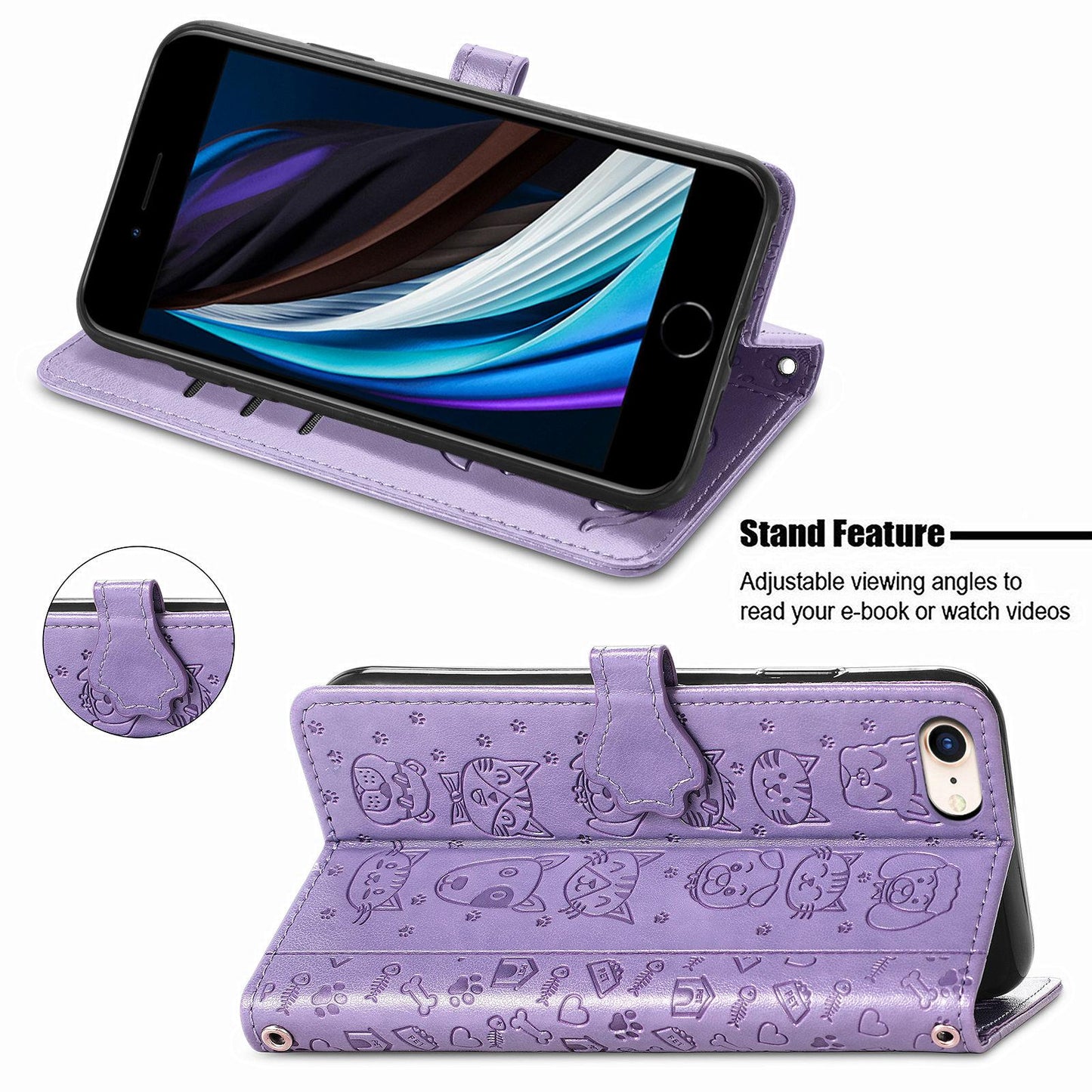 For iPhone 16e Cat and Dog Embossed Leather Phone Case(Purple)