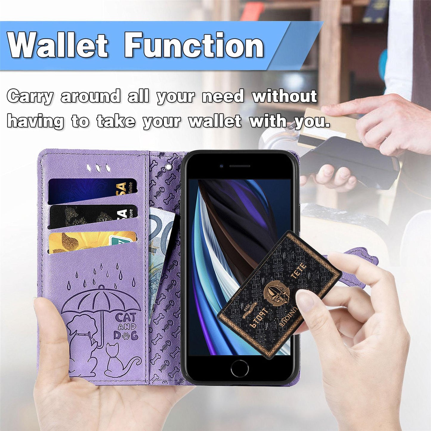 For iPhone 16e Cat and Dog Embossed Leather Phone Case(Purple)