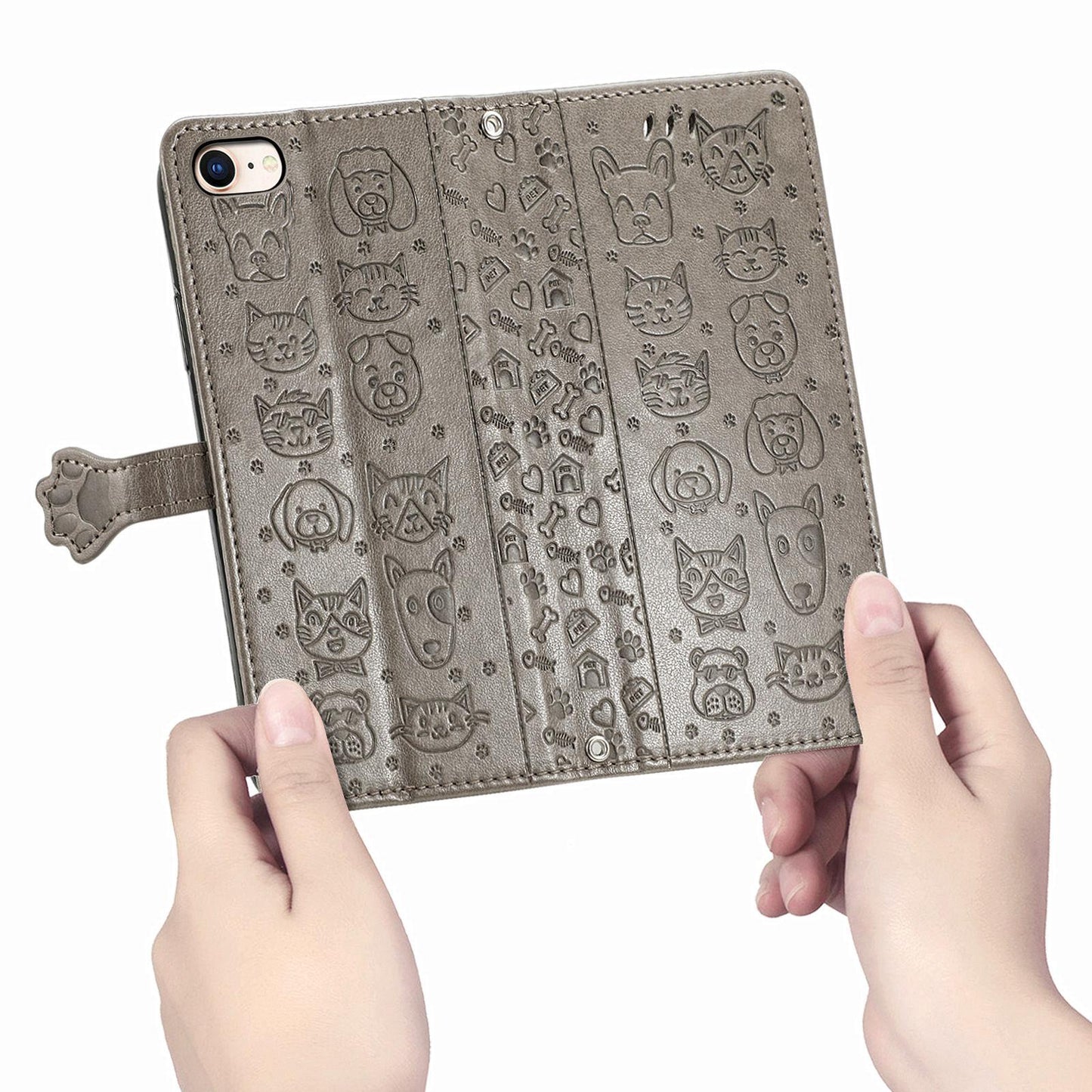 For iPhone 16e Cat and Dog Embossed Leather Phone Case(Gray)