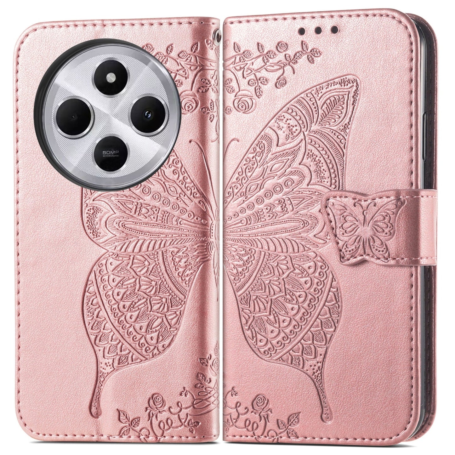 For Xiaomi Redmi 14C Butterfly Love Flower Embossed Leather Phone Case(Rose Gold)