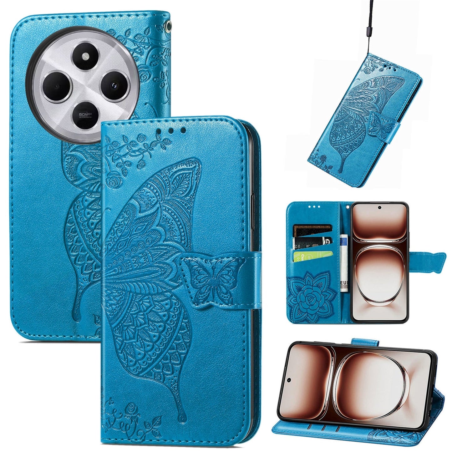 For Xiaomi Redmi 14C Butterfly Love Flower Embossed Leather Phone Case(Blue)