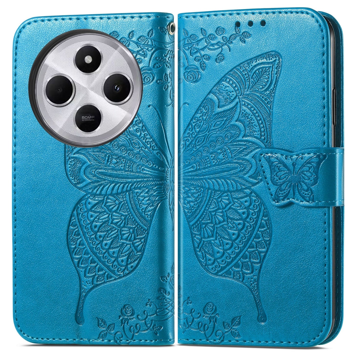 For Xiaomi Redmi 14C Butterfly Love Flower Embossed Leather Phone Case(Blue)