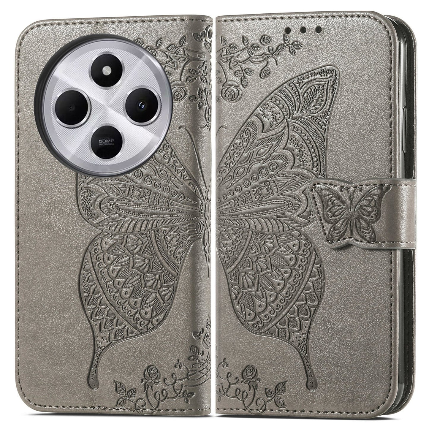 For Xiaomi Redmi 14C Butterfly Love Flower Embossed Leather Phone Case(Grey)
