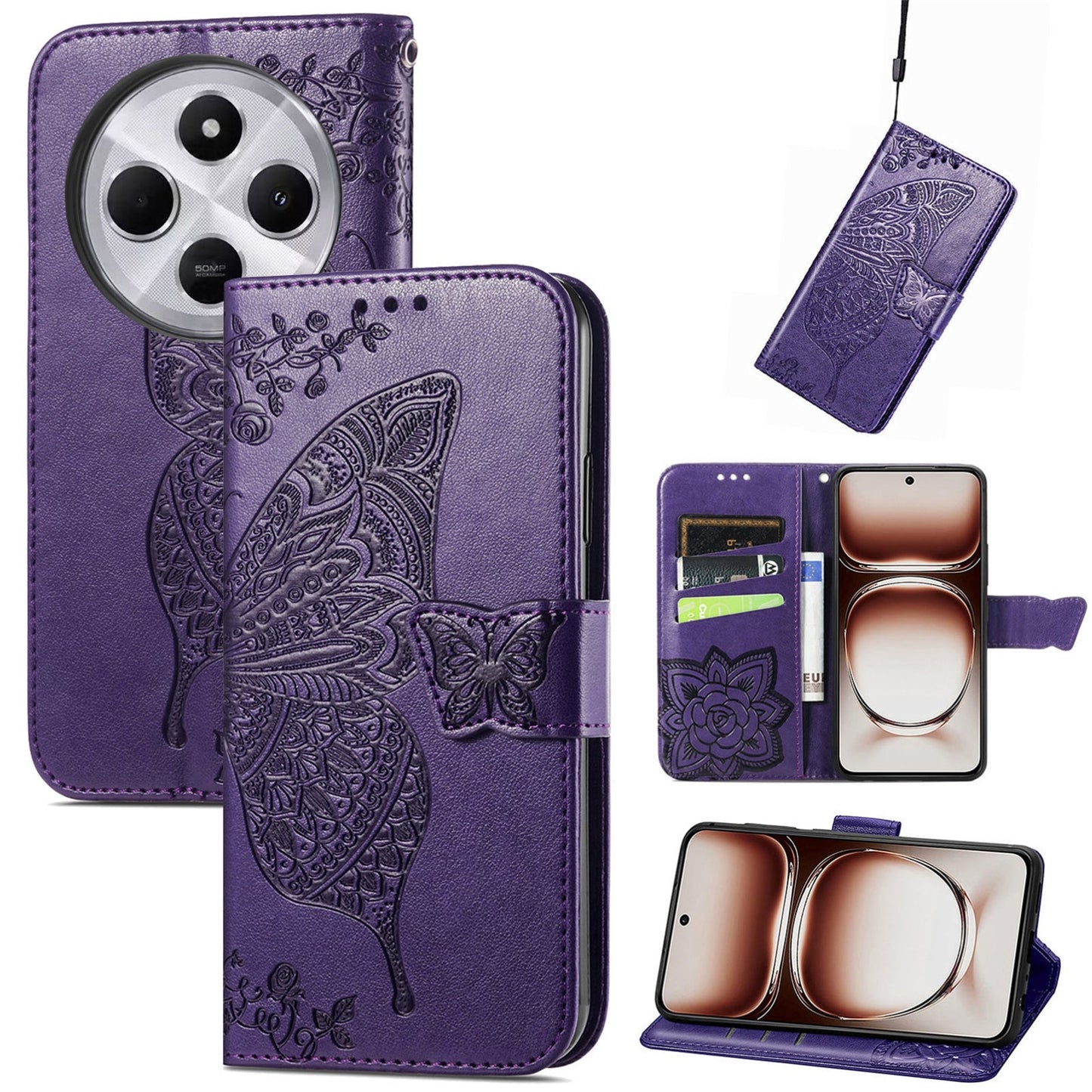 For Xiaomi Redmi 14C Butterfly Love Flower Embossed Leather Phone Case(Dark Purple)