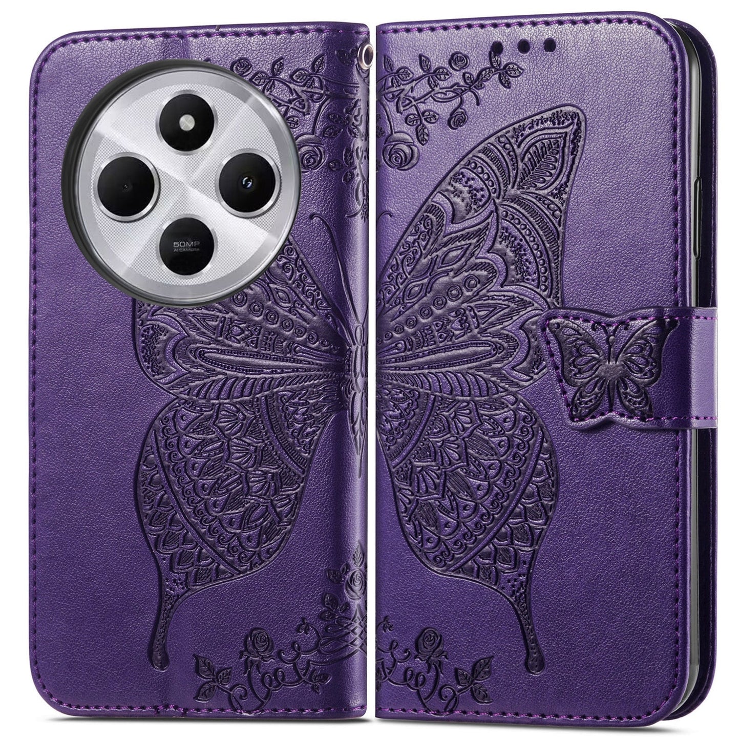 For Xiaomi Redmi 14C Butterfly Love Flower Embossed Leather Phone Case(Dark Purple)