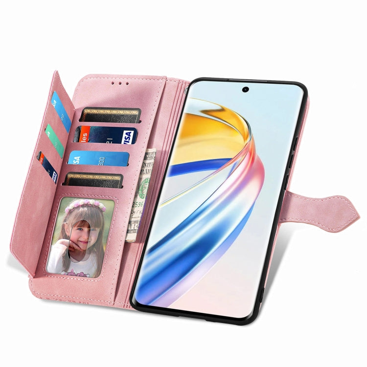 For Honor X9b Embossed Flower Zipper Leather Phone Case(Pink)